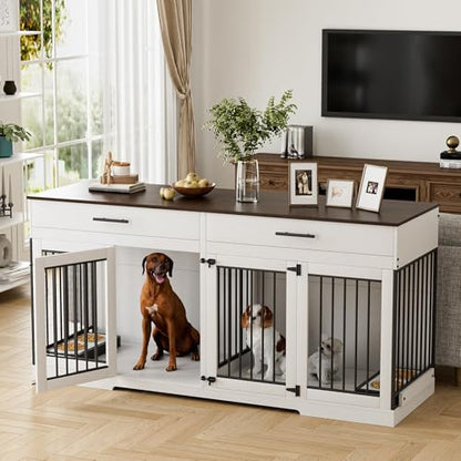 72" Double Dog Crate Furniture for Medium Large Dogs, White, view 2