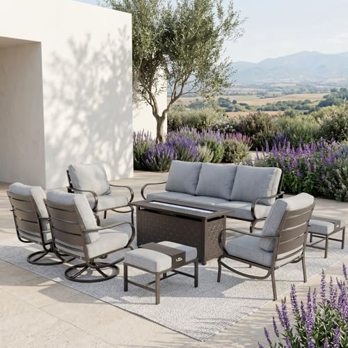 8 PCS Patio Furniture Set with Fire Pit Table,Metal Outdoor Furniture with 1 x 3-Seat Bench Sofa, 2 x Swivel Sofa Chairs, 2 x Leg Chair & 2 x Ottoman, Modern Patio Set, Grey