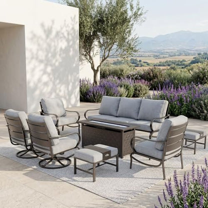 8 PCS Patio Furniture Set with Fire Pit Table,Metal Outdoor Furniture with 1 x 3-Seat Bench Sofa, 2 x Swivel Sofa Chairs, 2 x Leg Chair & 2 x Ottoman, Modern Patio Set, Grey