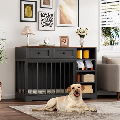 47" Dog Crate Furniture with Drawers and Open Shelves, Black, view 4