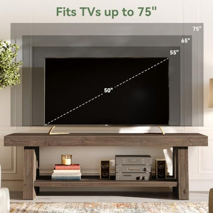 63-Inch Solid Wood TV Stand, 2-Tier Farmhouse Entertainment Center with Open Storage Shelves, TV Consoles for Living Room Bedroom, Wood Television Console for TVs up to 75 Inches