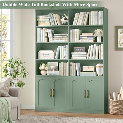 Bookshelf and Bookcase with Doors, 6 Tier Double Wide Large Bookshelves, Open Display Shelves, 73'' Tall Bookshelf with Storage Cabinets for Home Office, Living Room, Library, Green