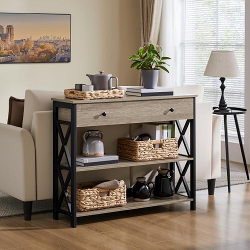 Console Table with Drawer, Entry Table with 3 Tier Storage, Gray, view 5