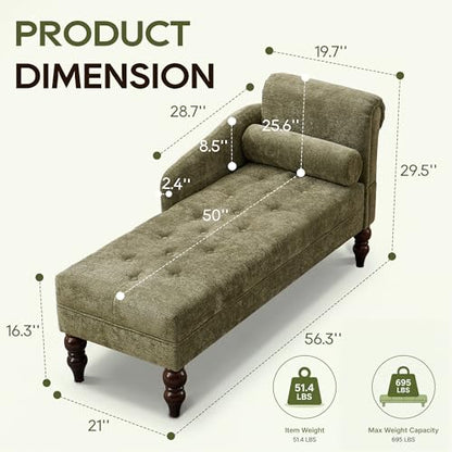 Chaise Lounge Chair Indoor with Right Armrest, Chenille, Green, view 3