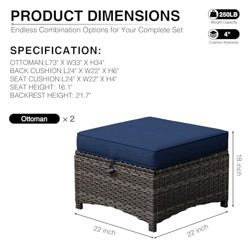 Outdoor Ottoman Set of 2, Patio Large Ottoman Foot Rest with Thickened Cushions, Outdoor Wicker Foot Stool for Porch, Deck Use