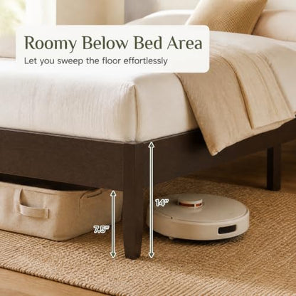 Queen Size Rubber Wood Bed Frame with Tall Headboard, Dark Brown, view 7