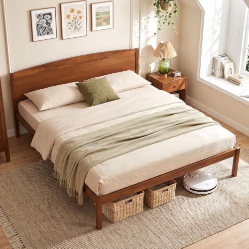 King Size Wooden Bed Frame with Curved Headboard, Wood Slat Support, view 4