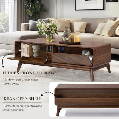 LuxenHome Coffee Table with Storage, 47" Mid Century Modern Coffee Table, Live Edge Coffee Tables for Living Room, Wooden Center Table with Ample Storage Space