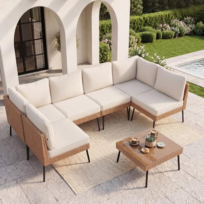 7-Piece Patio Furniture Set, Wicker Outdoor Furniture with Water Resistant Thick Cushions, Patio Conversation Set Outdoor Sectional Sofa with Coffee Table for Backyard Poolside, Beige