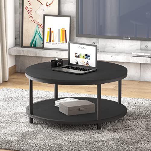 Round Coffee Table, 36" Rustic Wooden Surface Top & Sturdy Metal Legs Industrial Sofa Table for Living Room Modern Design Home Furniture with Storage Open Shelf (Black Oak)