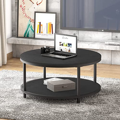 Round Coffee Table, 36" Rustic Wooden Surface Top & Sturdy Metal Legs Industrial Sofa Table for Living Room Modern Design Home Furniture with Storage Open Shelf (Black Oak)