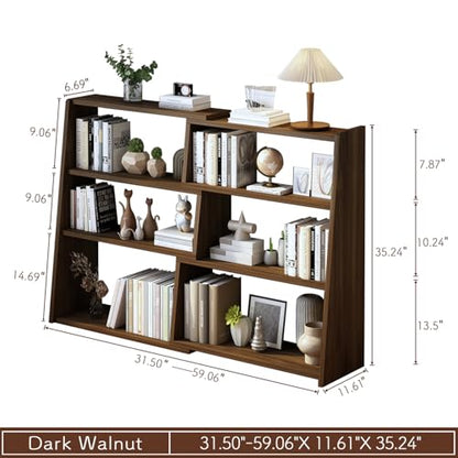IOTXY Wooden Extendable Shelf Bookcase, 3-Tier Low Bookshelf, Walnut, L, view 3