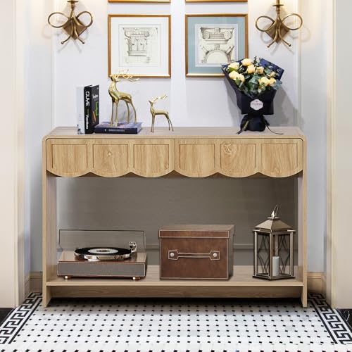 Console Table with Drawers, Mid-Century 43 Inches Narrow Entryway Table with Open Storage Shelves, Hallway Accent Tables Behind Couch Tables for Living Room - Natural