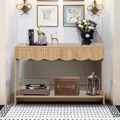 Console Table with Drawers, Mid-Century 43 Inches Narrow Entryway Table with Open Storage Shelves, Hallway Accent Tables Behind Couch Tables for Living Room - Natural