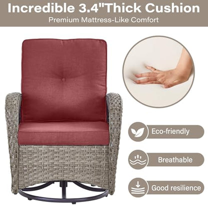 5 Piece Wicker Patio Furniture Set - Outdoor Conversation Sets with Deep Seating Swivel Rocker Chairs Loveseat and Rattan Coffee Table for Deck Backyard Poolside, Gray Wicker/Red Cushion