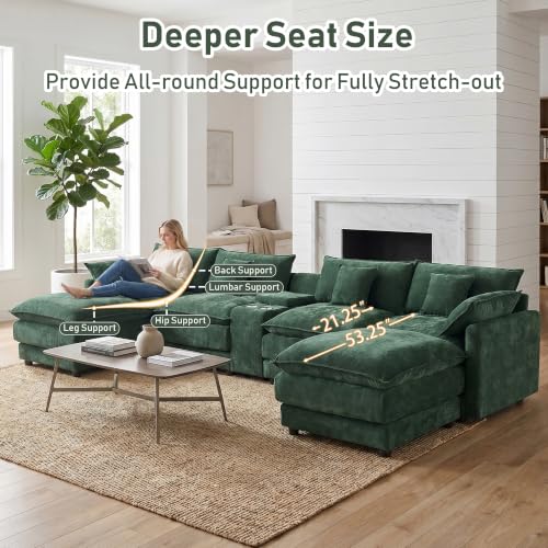 145" Oversized Modular Sectional Sofa U Shaped Cloud Couch Modern 6 Seat Sofa Set for Living Room Comfy Chenille Deep Seat with Storage Central Console, Movable Ottomans, Cup Holders, USB Ports, Green