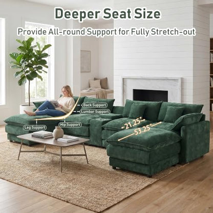 145" Oversized Modular Sectional Sofa U Shaped Cloud Couch Modern 6 Seat Sofa Set for Living Room Comfy Chenille Deep Seat with Storage Central Console, Movable Ottomans, Cup Holders, USB Ports, Green