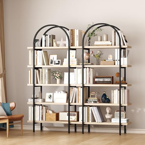 Bookshelf 5 Tier Arched Bookcase, 74" Tall Industrial Open Book Shelves for Living Room, Modern Freestanding Display Shelving Storage Rack with Metal Frame, Office, Bedroom, Natural Wood Color