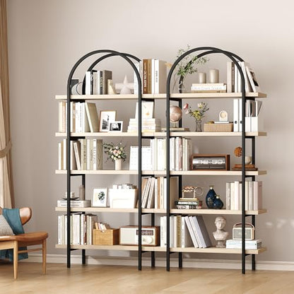 Bookshelf 5 Tier Arched Bookcase, 74" Tall Industrial Open Book Shelves for Living Room, Modern Freestanding Display Shelving Storage Rack with Metal Frame, Office, Bedroom, Natural Wood Color