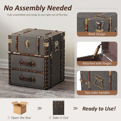 Vintage Storage Chest with Buckle Hinged Top, Linen Accent End Side Table for Living Room, Office, Bedroom, Rectangle, Grey
