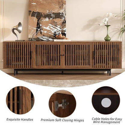 Marzzi 78" Mid-Century TV Stand with Slatted Doors for 75-85 Inch TVs, view 6