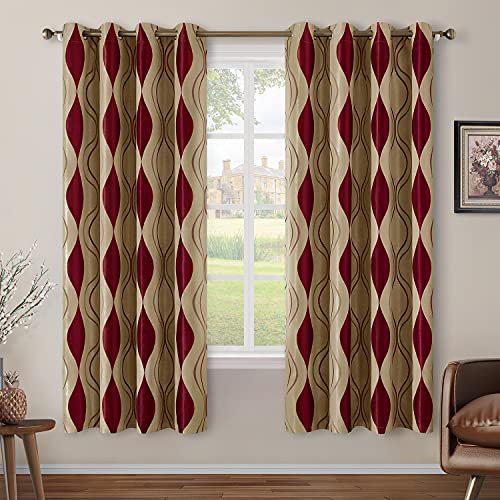 Wave Room Darkening Curtains 52 X 63 Inch Length Burgundy and Beige Set of 2 Panels Bedroom Jacquard Grommet Window Drapes for Living Room