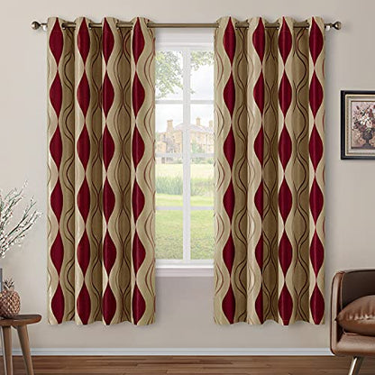 Wave Room Darkening Curtains 52 X 63 Inch Length Burgundy and Beige Set of 2 Panels Bedroom Jacquard Grommet Window Drapes for Living Room