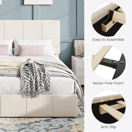 Queen Size Bed Frame, Velvet Upholstered Platform Bed, Cream, view 7