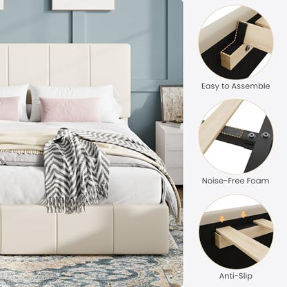Queen Size Bed Frame, Velvet Upholstered Platform Bed, Cream, view 7
