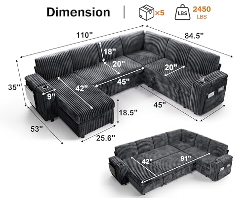 111" Modular Sectional Sleeper Sofa with Pull Out Bed, 7 Seat Plush Corduroy L Shaped Couch with Storage Chaise|USB Ports|Cup Holders|Side Table|Storage Armrests, Tool Free Assembly, Grey