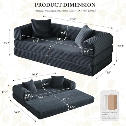 Boneless Couch Futon Sofa Bed Sectional Couches for Living Room,Cloud Couch with Sleeper Sofa,Sofas for Living Room Oversized Corduroy Upholstered (Gray, 76 Inches (No Iron Frame))