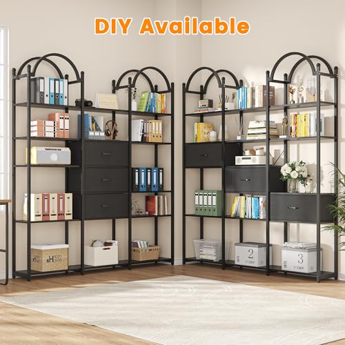 83.5" Tall Arched Bookshelf, Triple Wide 6-Tier Large Open Book Shelf with 3 Drawers Storage, Etagere Bookcase with Display Shelf, Industrial Bookshelf with Metal Frame for Living Room, Black