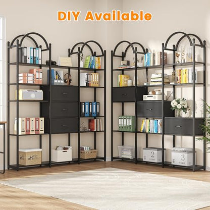 83.5" Tall Arched Bookshelf, Triple Wide 6-Tier Large Open Book Shelf with 3 Drawers Storage, Etagere Bookcase with Display Shelf, Industrial Bookshelf with Metal Frame for Living Room, Black