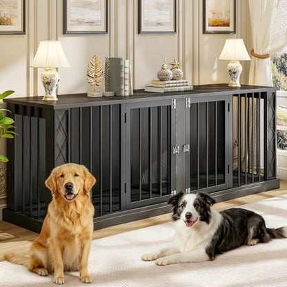 86.6" Wooden Double Dog Crate Furniture for 2 Large Dogs, Black, view 3