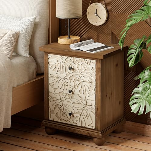 Farmhouse 3-Drawer Nightstand with Leaves Pattern Carved, Set of 2 Vintage French Country End Table for Bedroom, Living Room, Distressed Finish, White & Brown