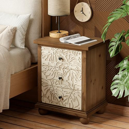 Farmhouse 3-Drawer Nightstand with Leaves Pattern Carved, Set of 2 Vintage French Country End Table for Bedroom, Living Room, Distressed Finish, White & Brown