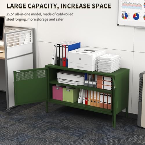 Metal Storage Locker Cabinet with 2 Doors & Adjustable Shelves, 25" Green Accent Furniture, Multipurpose Office Dresser or TV Stand for Home Entryway (Green, 25H)