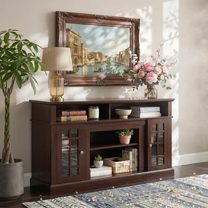 Traditional American Country Style TV Stand with Glass Door, 58"W Large Entertainment Center with Open Shelves, Home Entertainment Console Table for TV Up to 65'', Rack for Living Room (Espresso & 2)