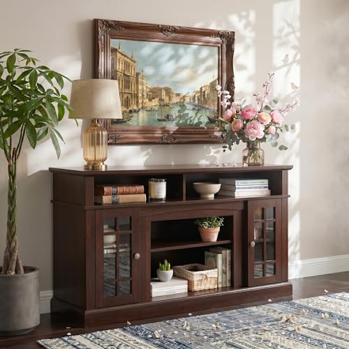 Traditional American Country Style TV Stand with Glass Door, 58"W Large Entertainment Center with Open Shelves, Home Entertainment Console Table for TV Up to 65'', Rack for Living Room (Espresso & 2)