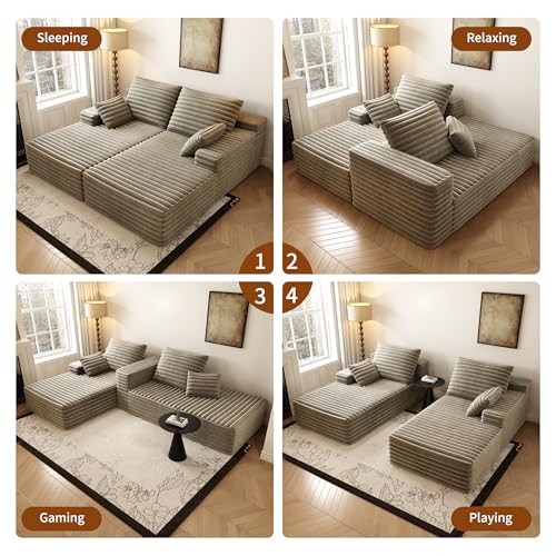 80” Oversized Double Lounge Chaise,Cloud Plush Sofa Bed,Upholstered Boneless Cloud Sofa Deep Seat,No Assembly Required,Modern Corduroy Sleeper Loveseat Chair for Living Room Bedroom Reading,Camel