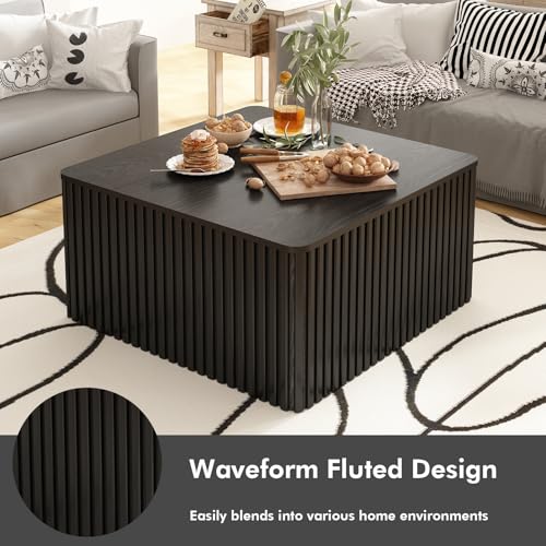 Fluted Square Coffee Table with Storage, Large Wood Center Table with Solid Wood Veneer Top, Mid Century Modern Low Coffee Table for Living Room, Black