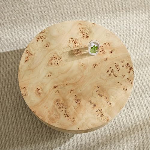 Coffee Table Round Wood 31.49" W X 13.77''h for Living Room Small Short Modern Coffee Tables Natural Burl Circle Drum Tea Center Cocktail Fluted Handcraft Home Furniture for Apartment Easy Assembly