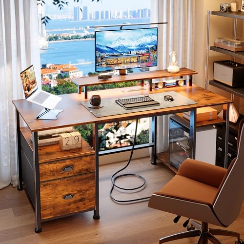 51" Computer Desk with Power Outlet and LED Lights, Reversible Home Office Desk with File Cabinet & Monitor Stand, Large Gaming Table with Storage Shelves & Drawer, Rustic Brown