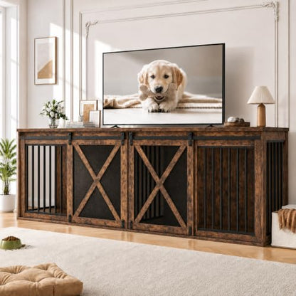 94 Inch Double Dog Crate Furniture for 2 Large Dogs, Rustic Brown, view 2