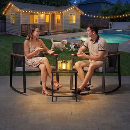 3 Piece Outdoor Patio Wicker Furniture Set, Outdoor Patio Rocking Bistro Set of 2 with Wooden Armrests and Coffee Table for Lawn, Yard, Porch, Balcony (Grey)