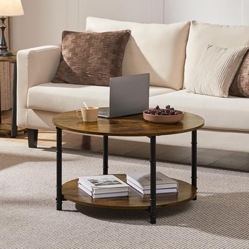 Round Coffee Table with Storage Shelf, 2-Tier 31.5" Rustic Brown, view 4