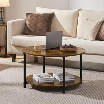 Round Coffee Table with Storage Shelf, 2-Tier 31.5" Rustic Brown, view 4