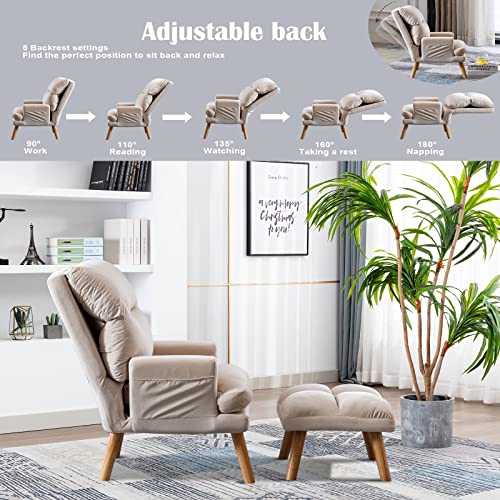 Modern Accent Chair with Ottoman, Soft Fabric Armchair with Adjustable Backrest and Side Pockets, Comfy Lounge Chair for Living Room, Bedroom, Apartment, Office, Beige