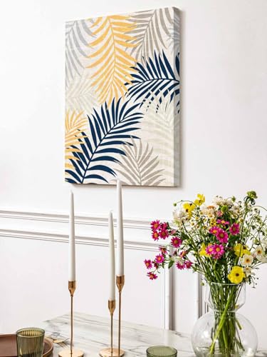 NuYeBiofx Farmhouse Navy Golden Palms Leaves Canvas Wall Art Prints,40"x28" Framed Picture Artwork Abstract Botantical Printed Canvas Oil Painting for Living Room Bedroom Office,Ready to Hang