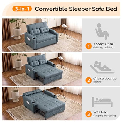 Blue Grey Futon Sofa Bed Convertible Loveseat Sleeper Couch, Faux Leather Pullout Sofa Fold Out Couch Bed with USB Ports, Cup Holders, Armrest for Living Room, Bedroom Apartment Room